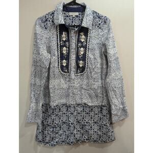 Indikka of New York 100% cotton roll tab sleeve collared shirt w mixed media L